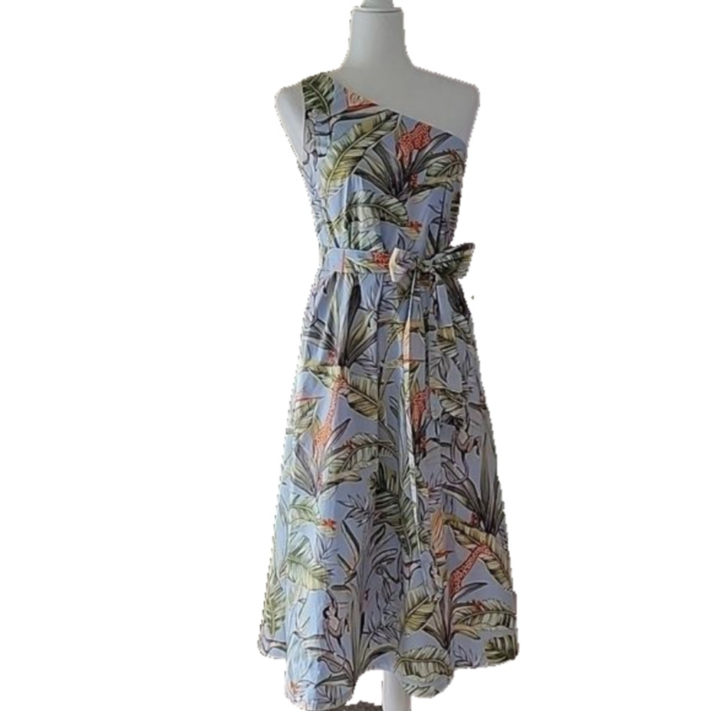 Ann Taylor Blue Jungle Floral Monkey Toga Dress Size 4 EUC - Picture 1 of 12